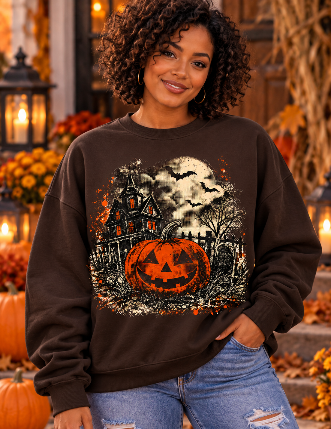 Vintage Halloween Haunted House Pumpkin Sweatshirt | Spooky Fall Pullover