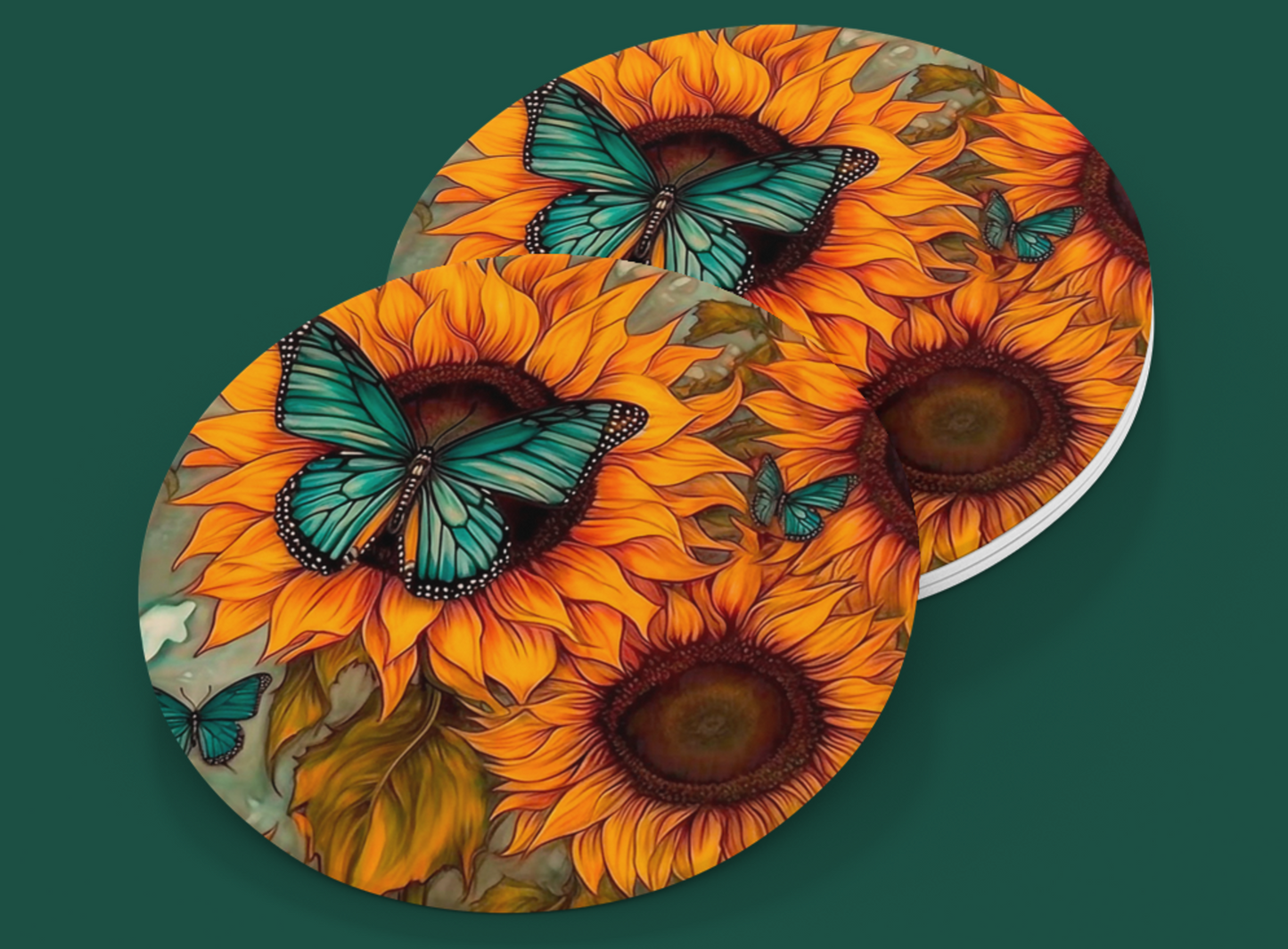 Car Coaster sunflowers with green butterfly 2.56" Ceramic Car Coasters