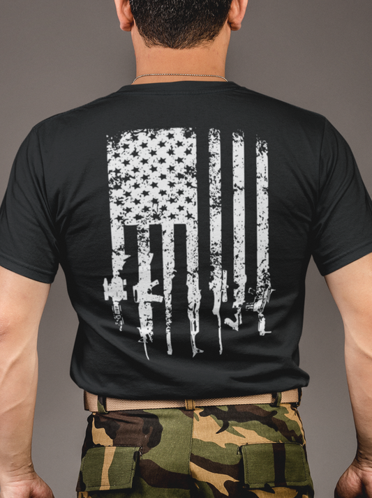 Black T-Shirt with Patriotic  Flag & Guns Design