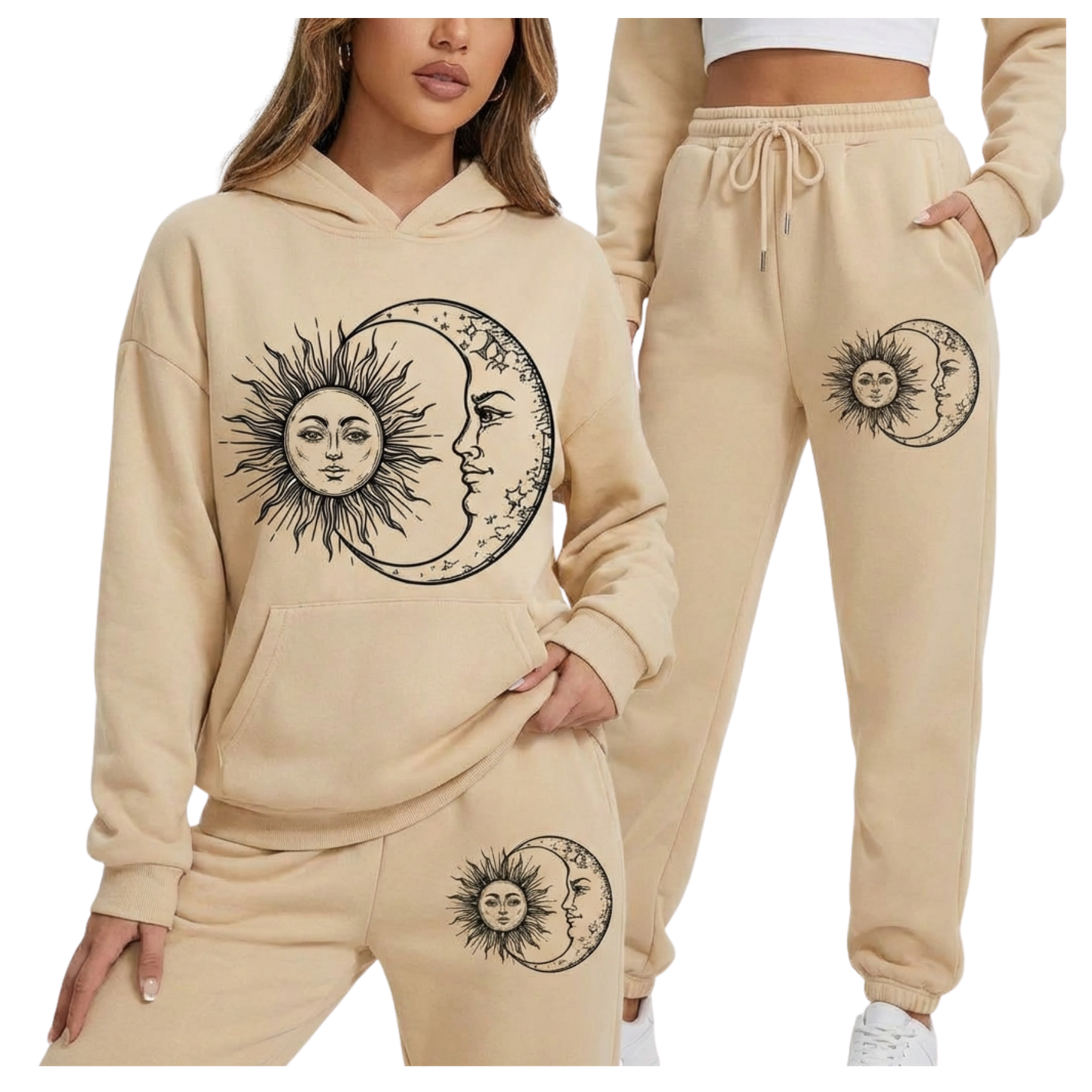 Women's Hoodie and Sweatpants Set - Sun and Moon Graphic - Loungewear for Women