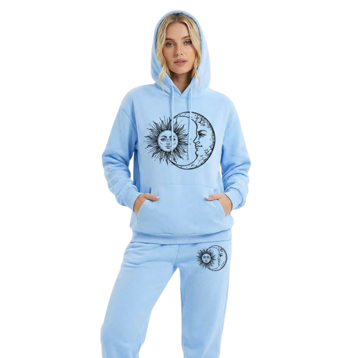 Women's Hoodie and Sweatpants Set - Sun and Moon Graphic - Loungewear for Women