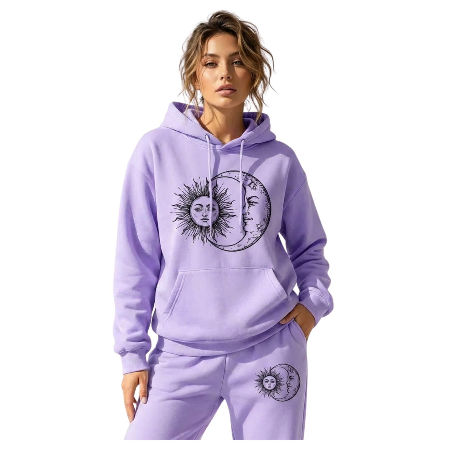 Women's Hoodie and Sweatpants Set - Sun and Moon Graphic - Loungewear for Women