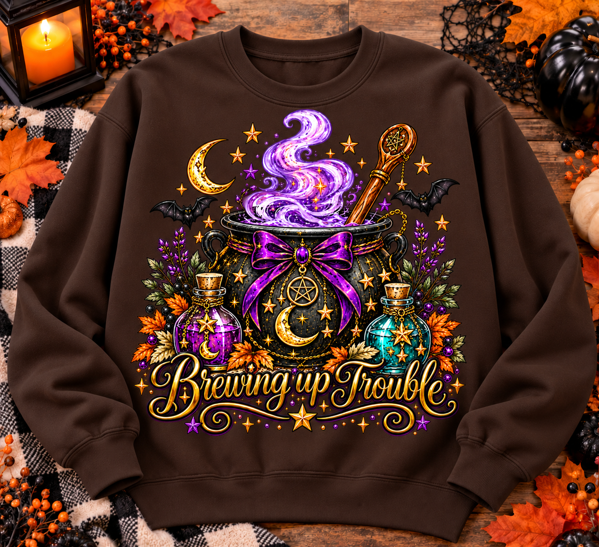 Brewing Up Trouble Halloween Sweatshirt – Witchy Cauldron Graphic Crewneck
