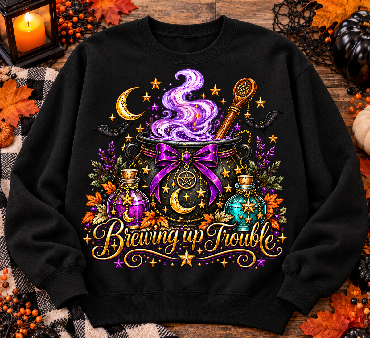 Brewing Up Trouble Halloween Sweatshirt – Witchy Cauldron Graphic Crewneck