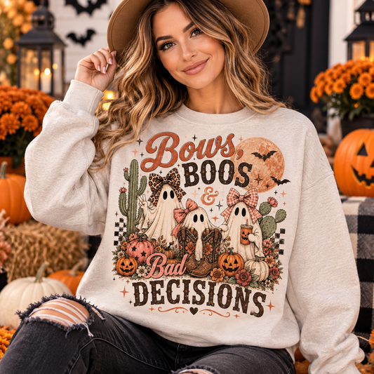 Bows, Boos & Bad Decisions Halloween Sweatshirt – Cute Ghost & Western Halloween Pullover