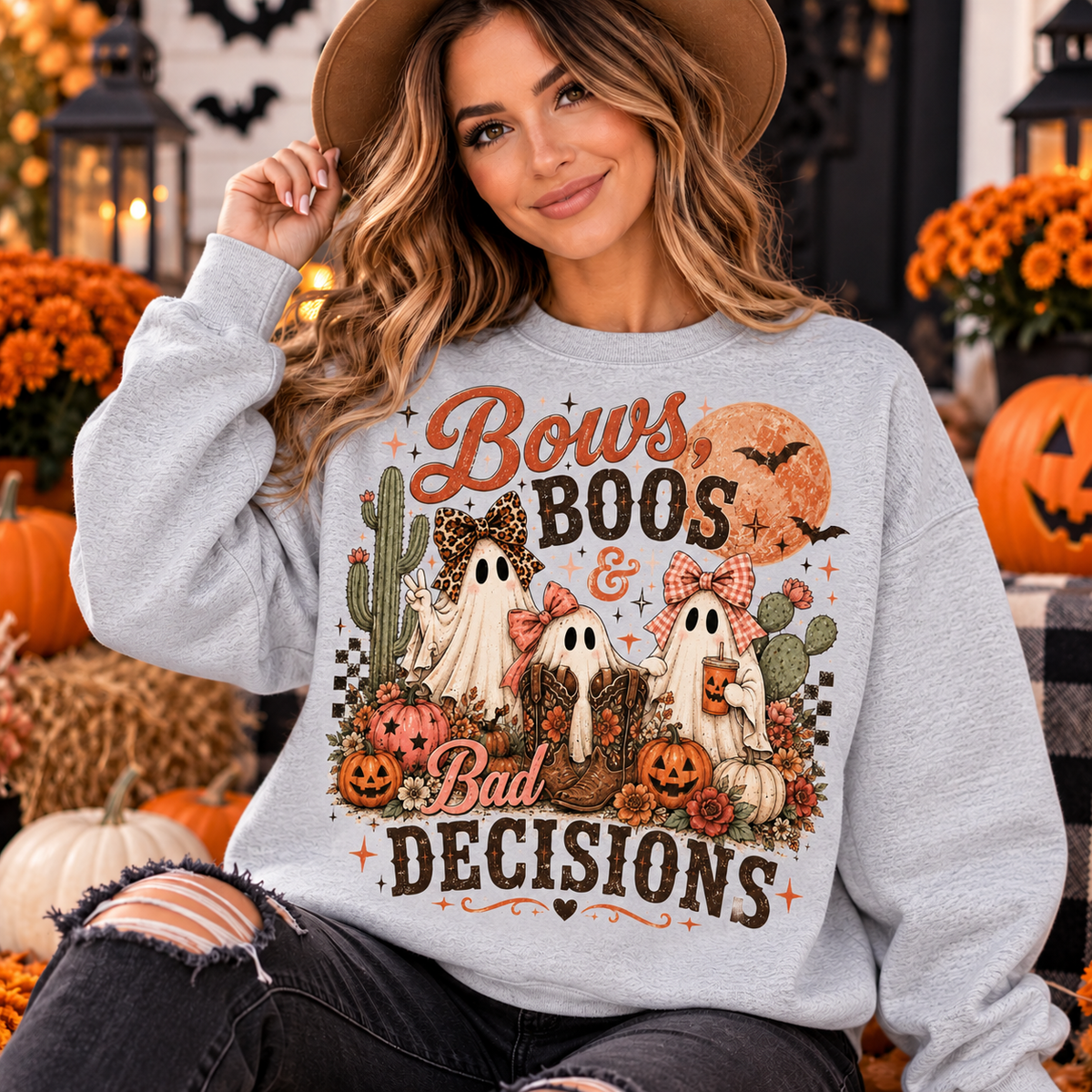 Bows, Boos & Bad Decisions Halloween Sweatshirt – Cute Ghost & Western Halloween Pullover