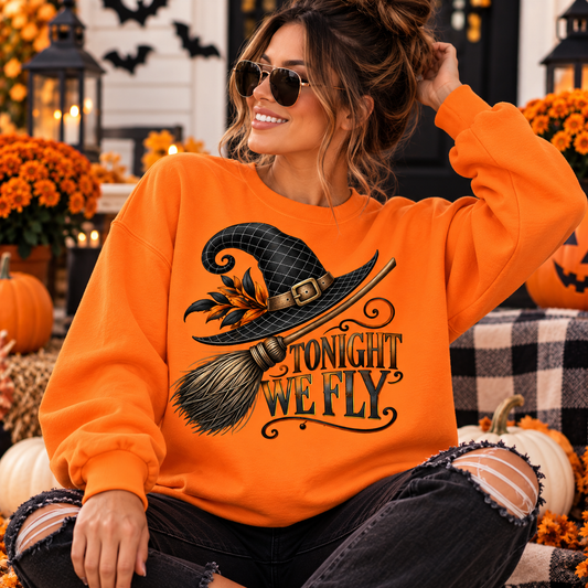 Tonight We Fly Halloween Sweatshirt – Witch Hat & Broom Fall Graphic