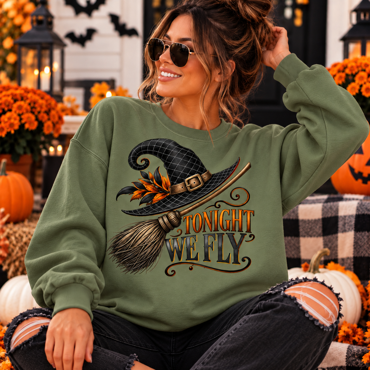 Tonight We Fly Halloween Sweatshirt – Witch Hat & Broom Fall Graphic