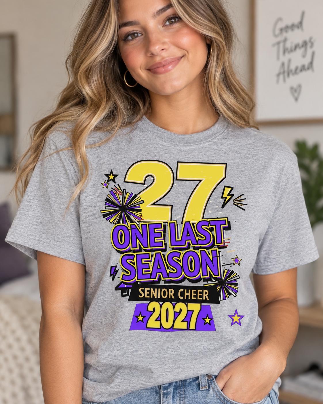 Senior Cheer 2027 T-Shirt – One Last Season Cheer Shirt | Custom School Colors