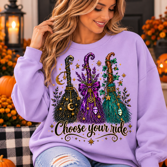Choose Your Ride Halloween Sweatshirt – Witchy Broomstick Graphic Crewneck