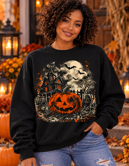 Vintage Halloween Haunted House Pumpkin Sweatshirt | Spooky Fall Pullover