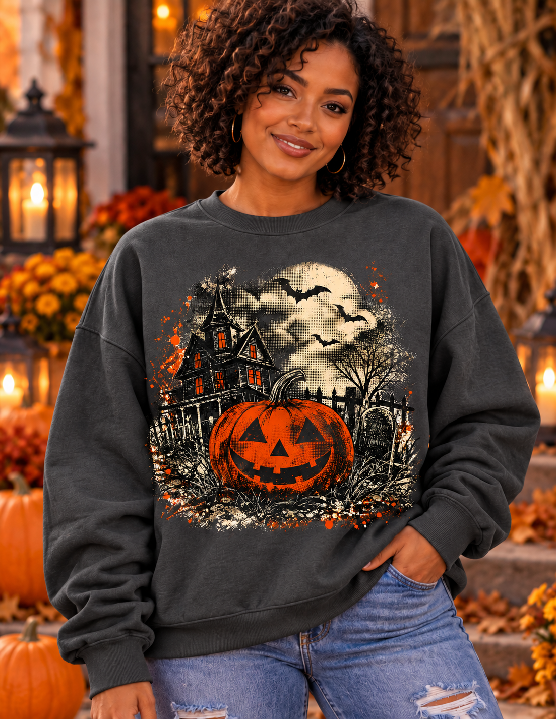 Vintage Halloween Haunted House Pumpkin Sweatshirt | Spooky Fall Pullover