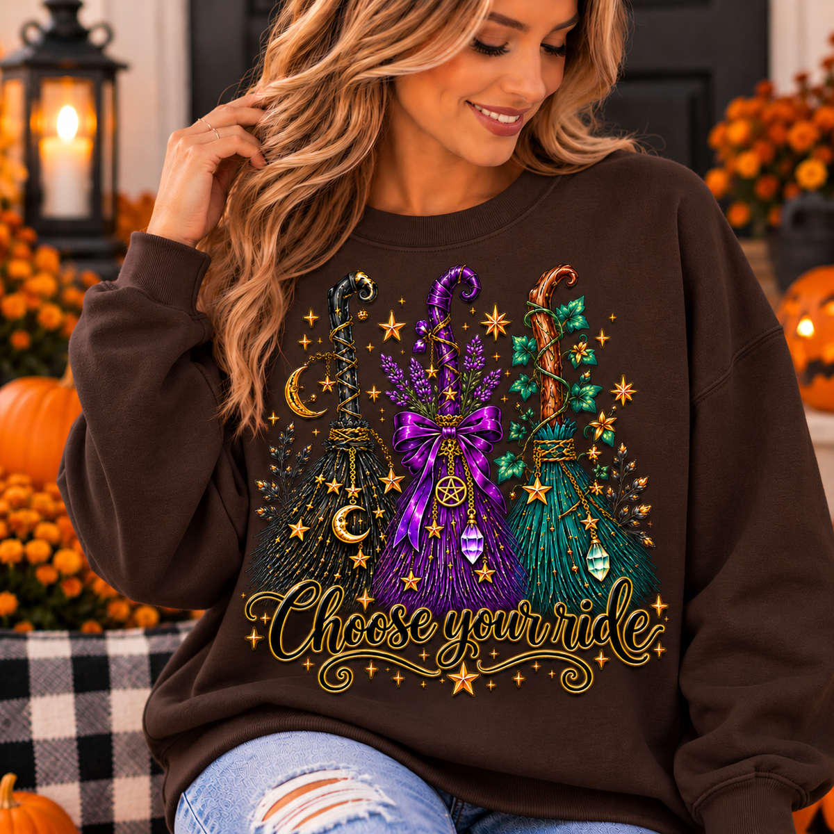 Choose Your Ride Halloween Sweatshirt – Witchy Broomstick Graphic Crewneck