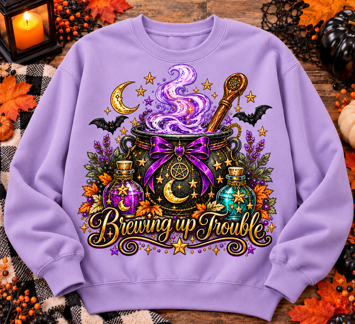 Brewing Up Trouble Halloween Sweatshirt – Witchy Cauldron Graphic Crewneck