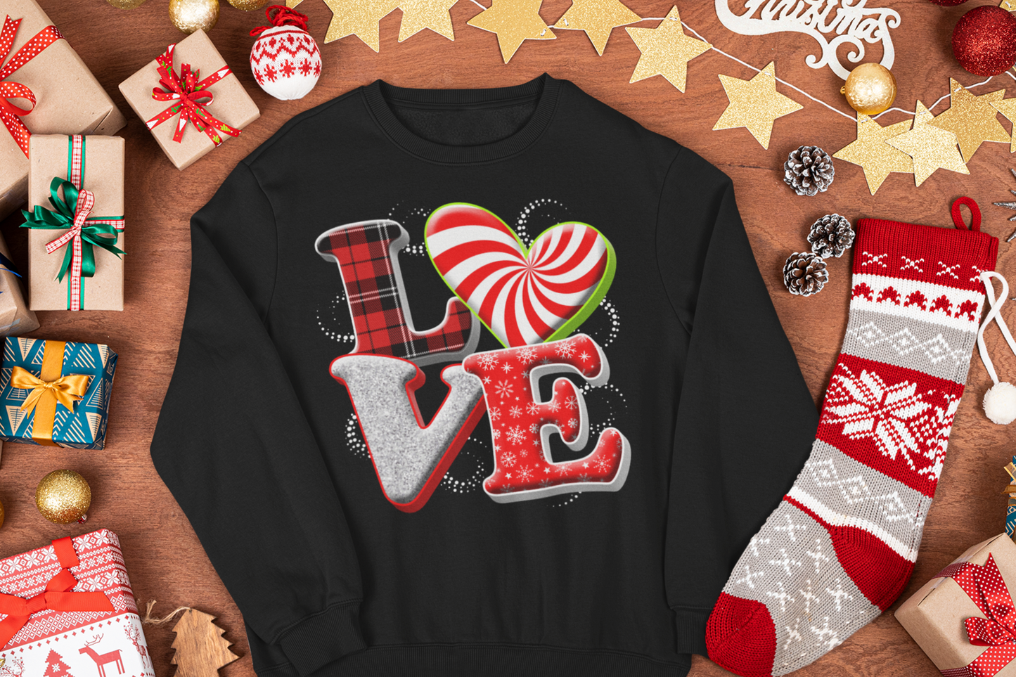 “LOVE” Peppermint Candy Christmas Sweatshirt — Festive Holiday Pullover |