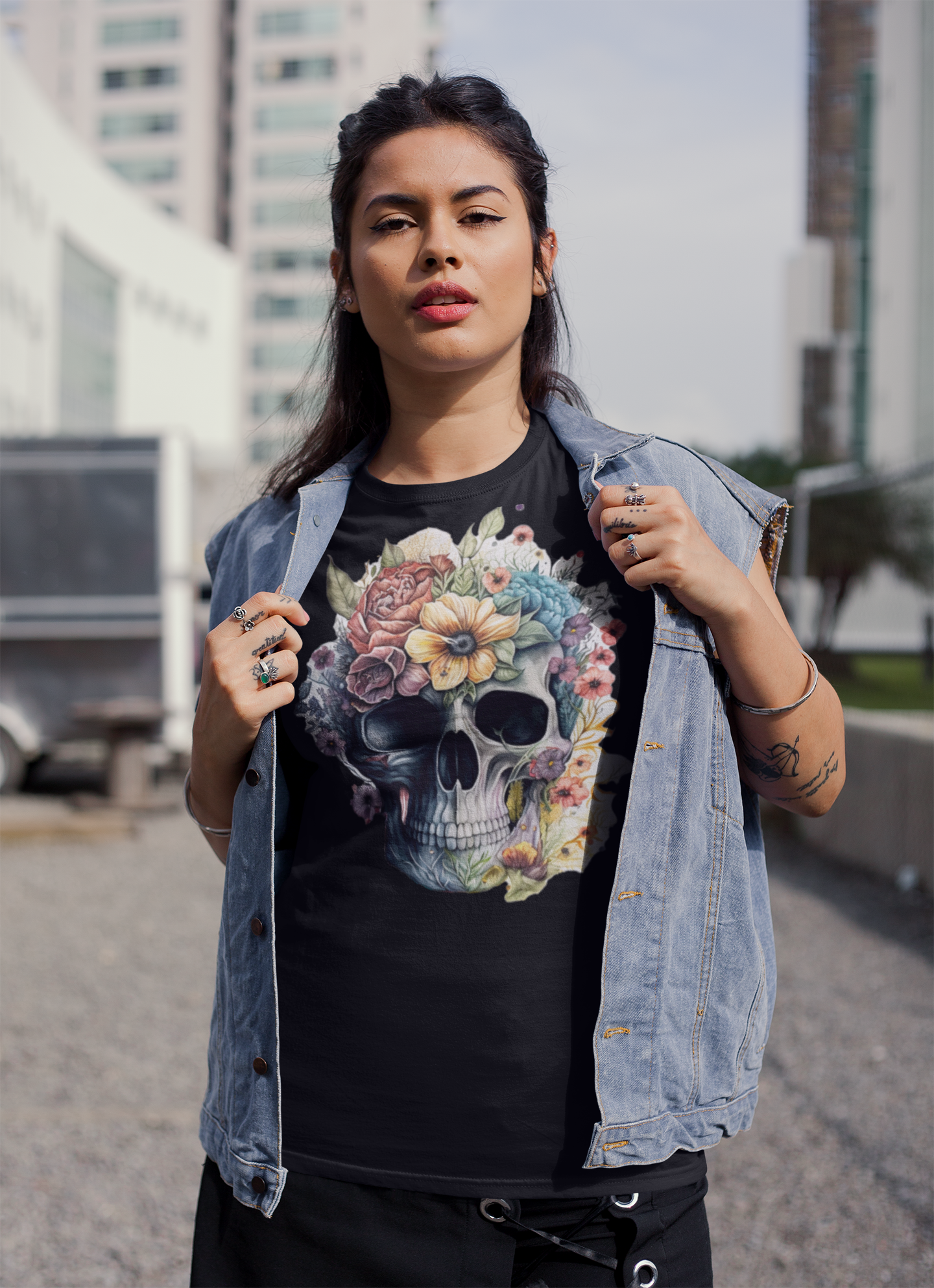 Graphic Tshirt- Skull and Flowers