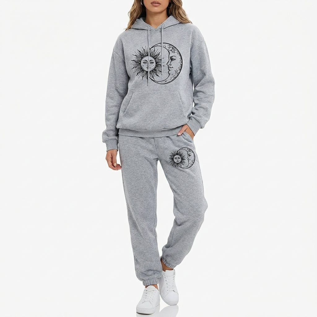 Women's Hoodie and Sweatpants Set - Sun and Moon Graphic - Loungewear for Women