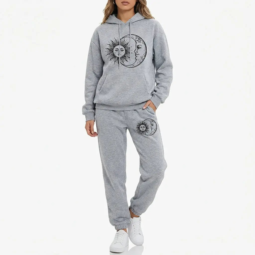 Women's Hoodie and Sweatpants Set - Sun and Moon Graphic - Loungewear for Women