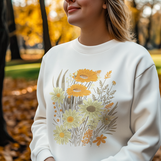 Floral Sweatshirt with Sunflowers & Daisies, Cozy Sweatshirt, Nature Inspired