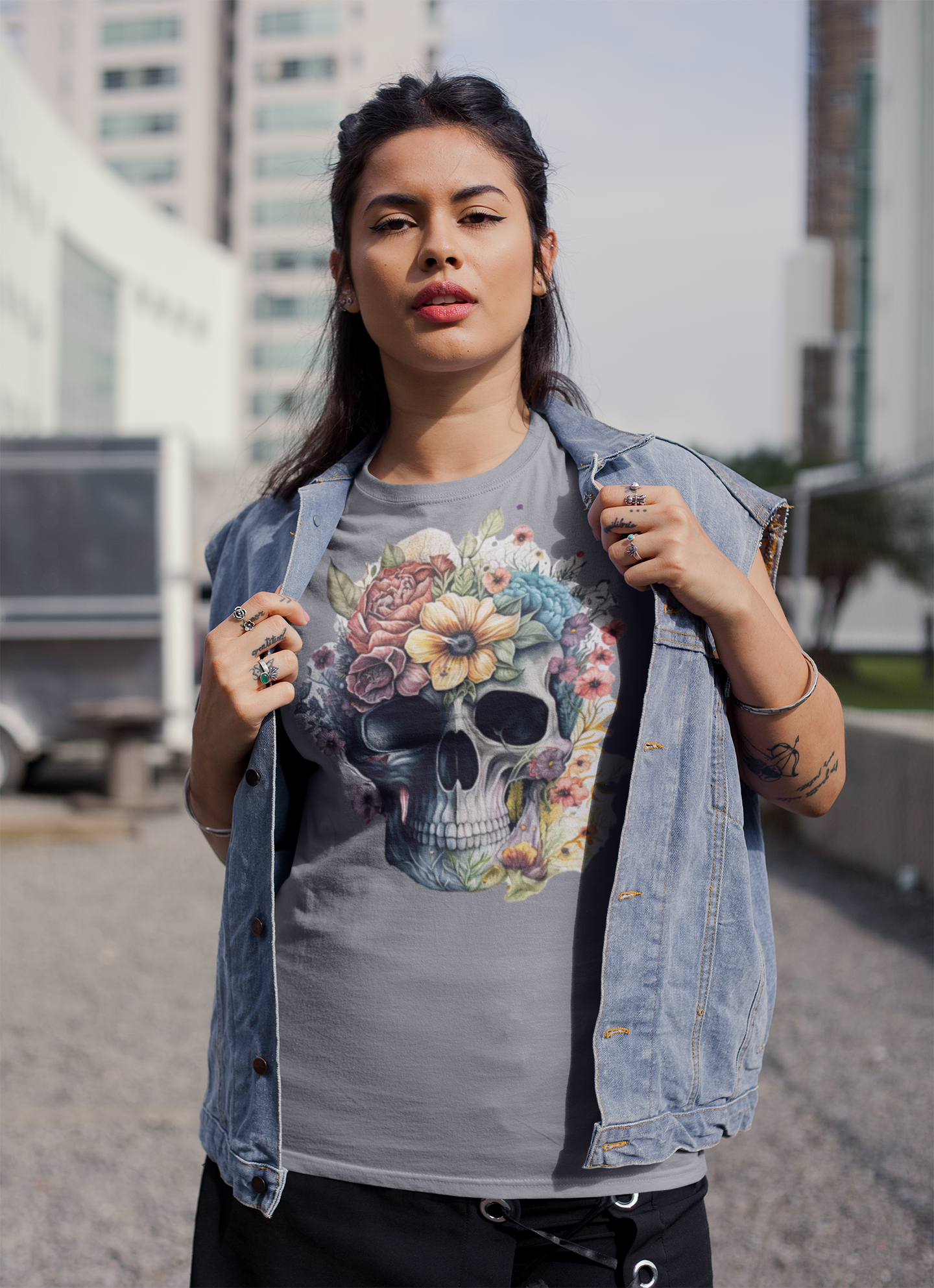Graphic Tshirt- Skull and Flowers