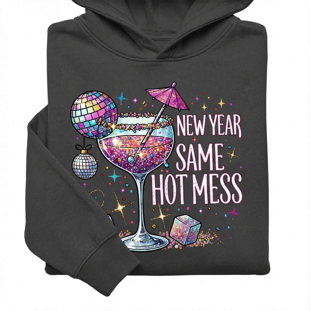 New Year Same Hot Mess Hoodie - Funny Women's Graphic Tee - Holiday Party Outfit