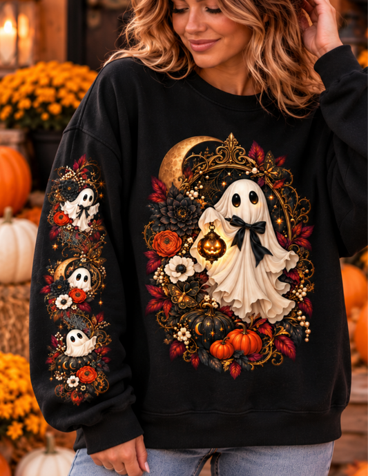 Vintage Halloween Ghost Oversized Sweatshirt – Spooky Floral Ghost Graphic Crewneck