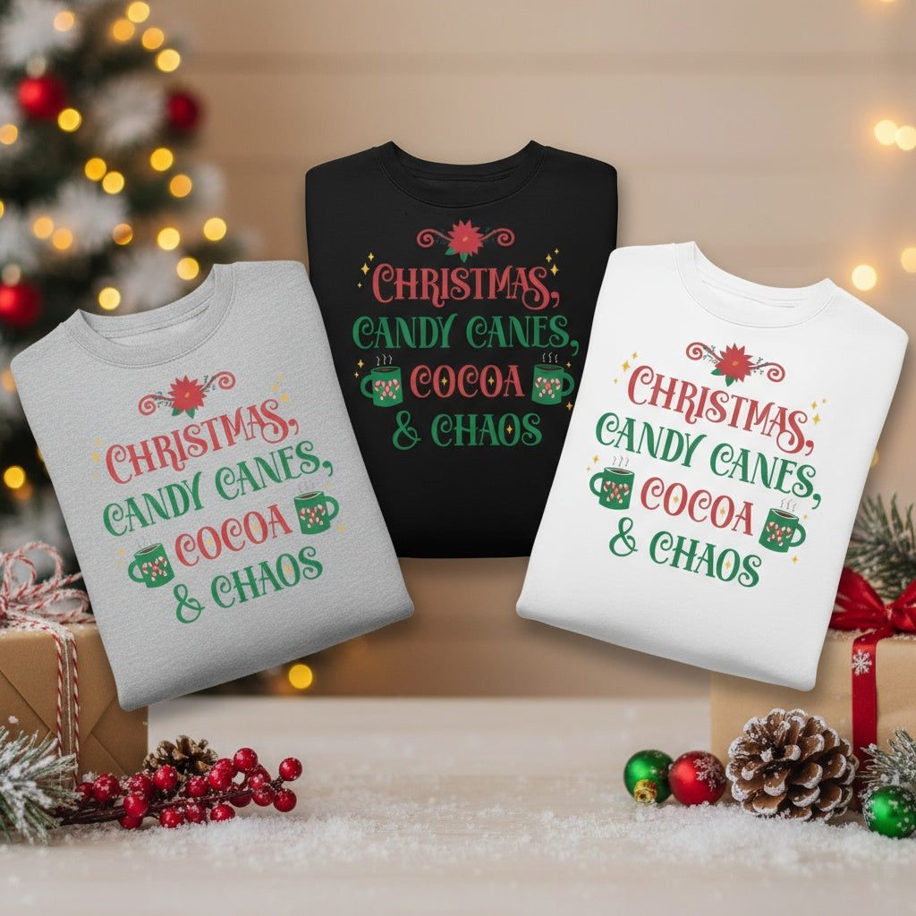 Christmas Candy Canes Cocoa & Chaos Sweatshirt Holiday Makes a great gift!