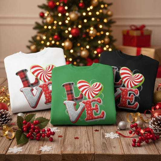 “LOVE” Peppermint Candy Christmas Sweatshirt — Festive Holiday Pullover |