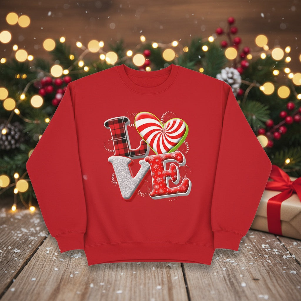 “LOVE” Peppermint Candy Christmas Sweatshirt — Festive Holiday Pullover |