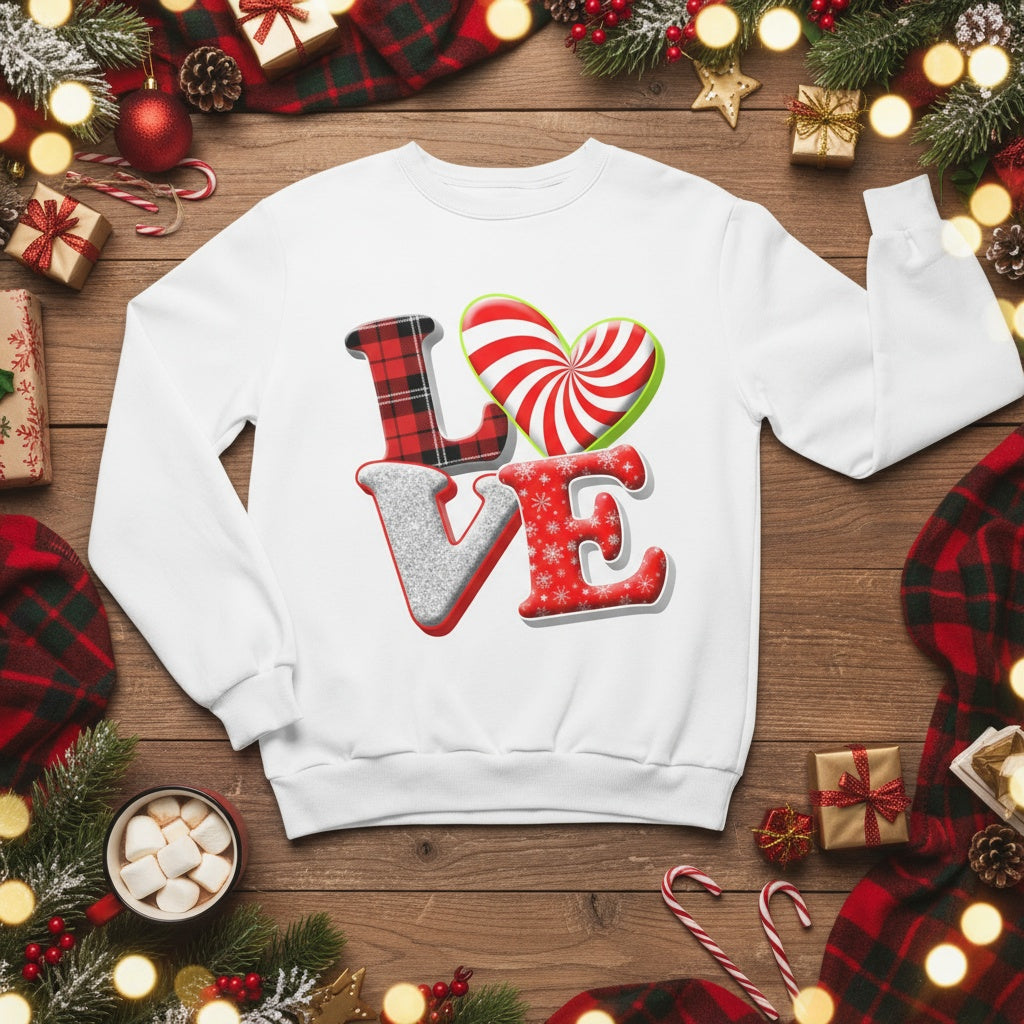 “LOVE” Peppermint Candy Christmas Sweatshirt — Festive Holiday Pullover |