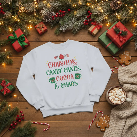 Christmas Candy Canes Cocoa & Chaos Sweatshirt Holiday Makes a great gift!