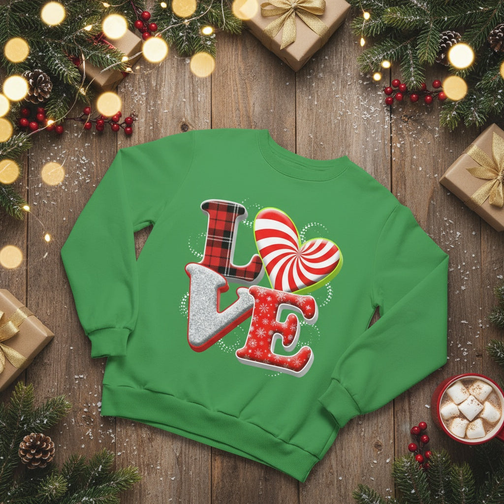 “LOVE” Peppermint Candy Christmas Sweatshirt — Festive Holiday Pullover |