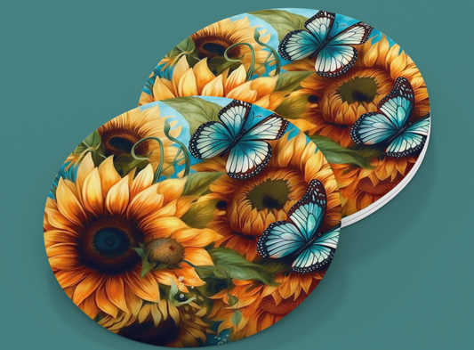 Car Coaster sunflower with blue butterfly 2.56" Ceramic Car Coasters