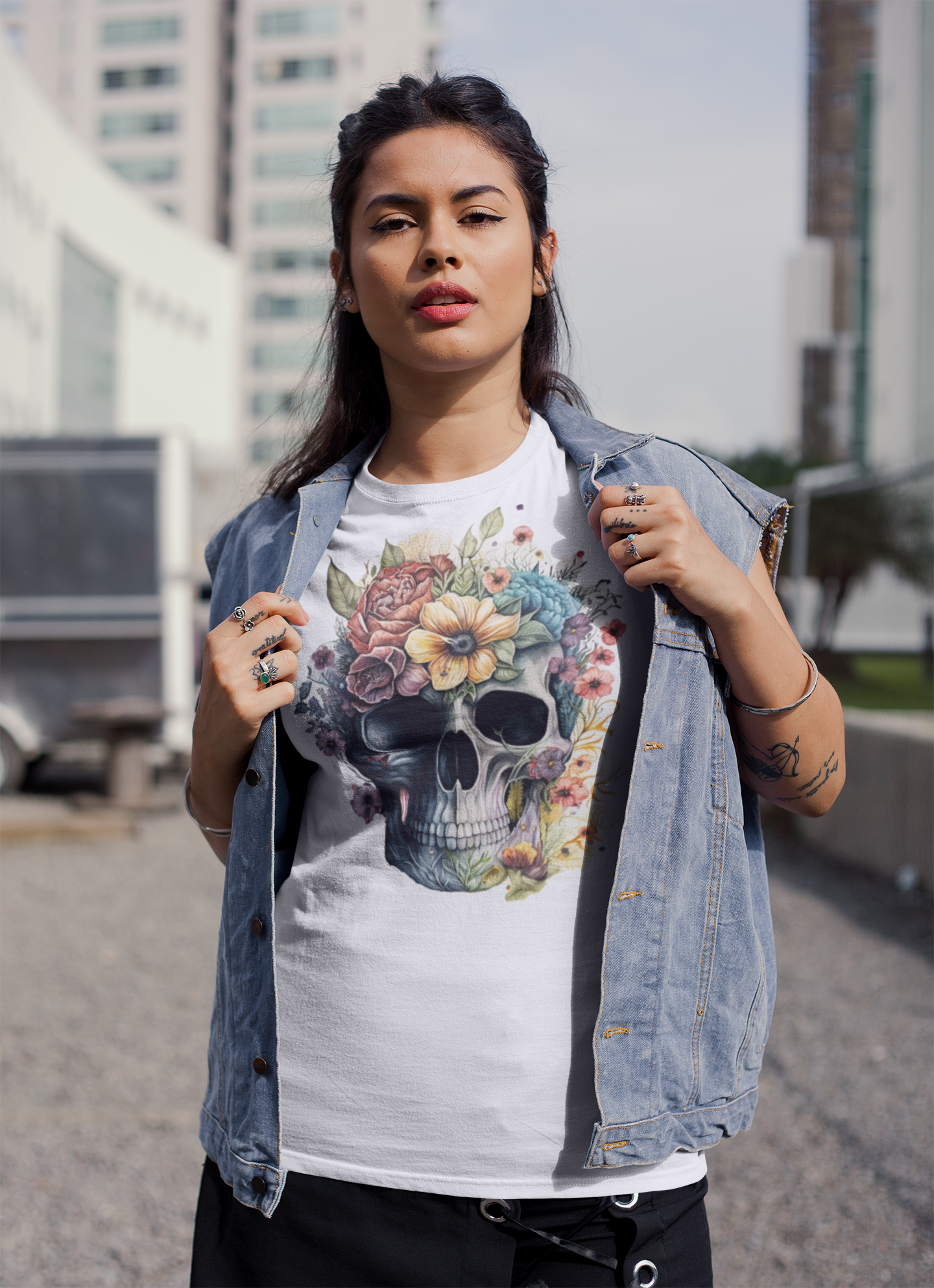 Graphic Tshirt- Skull and Flowers