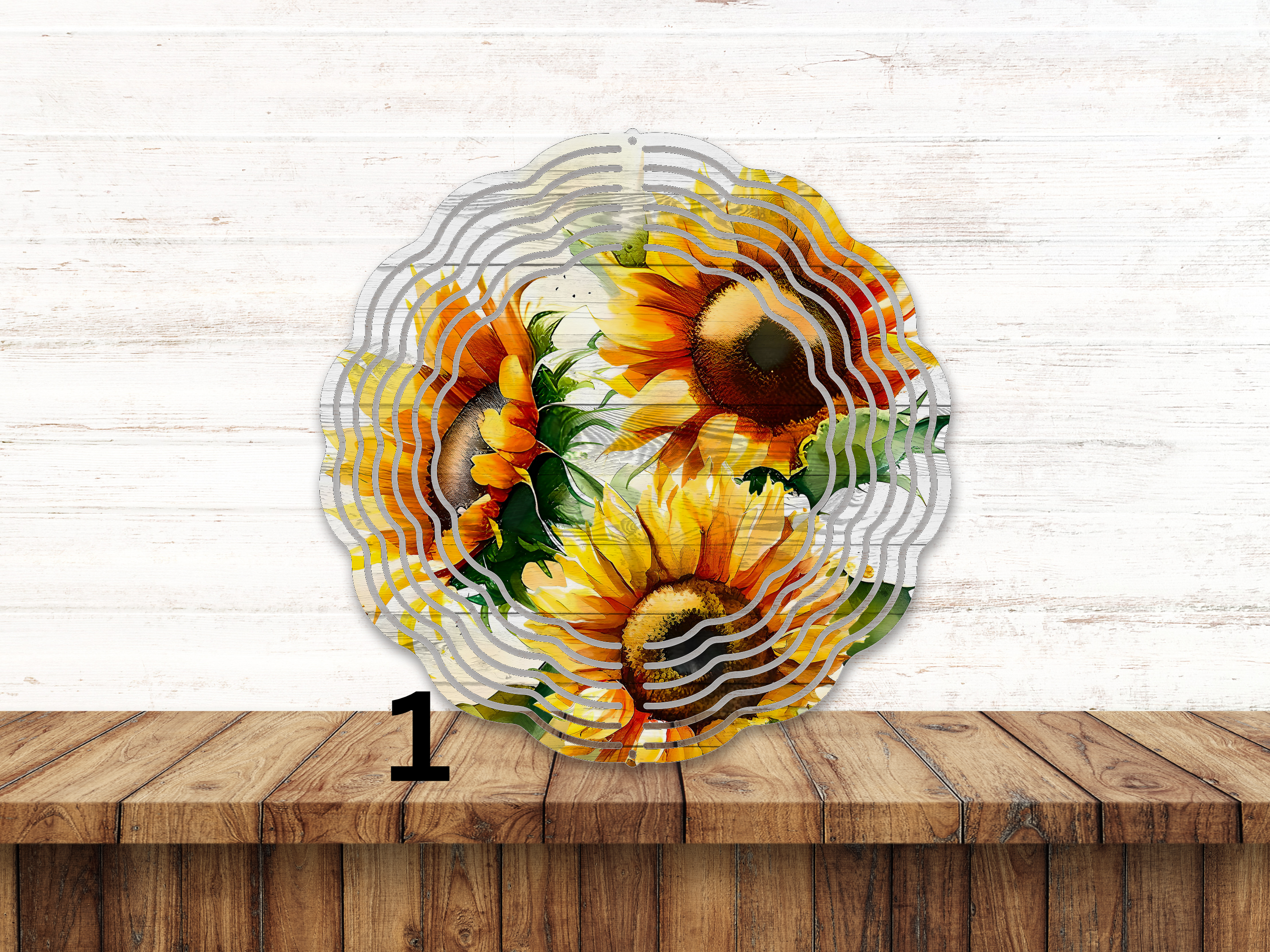 Sunflower Wind Spinner with Elegance of a Wooden Background