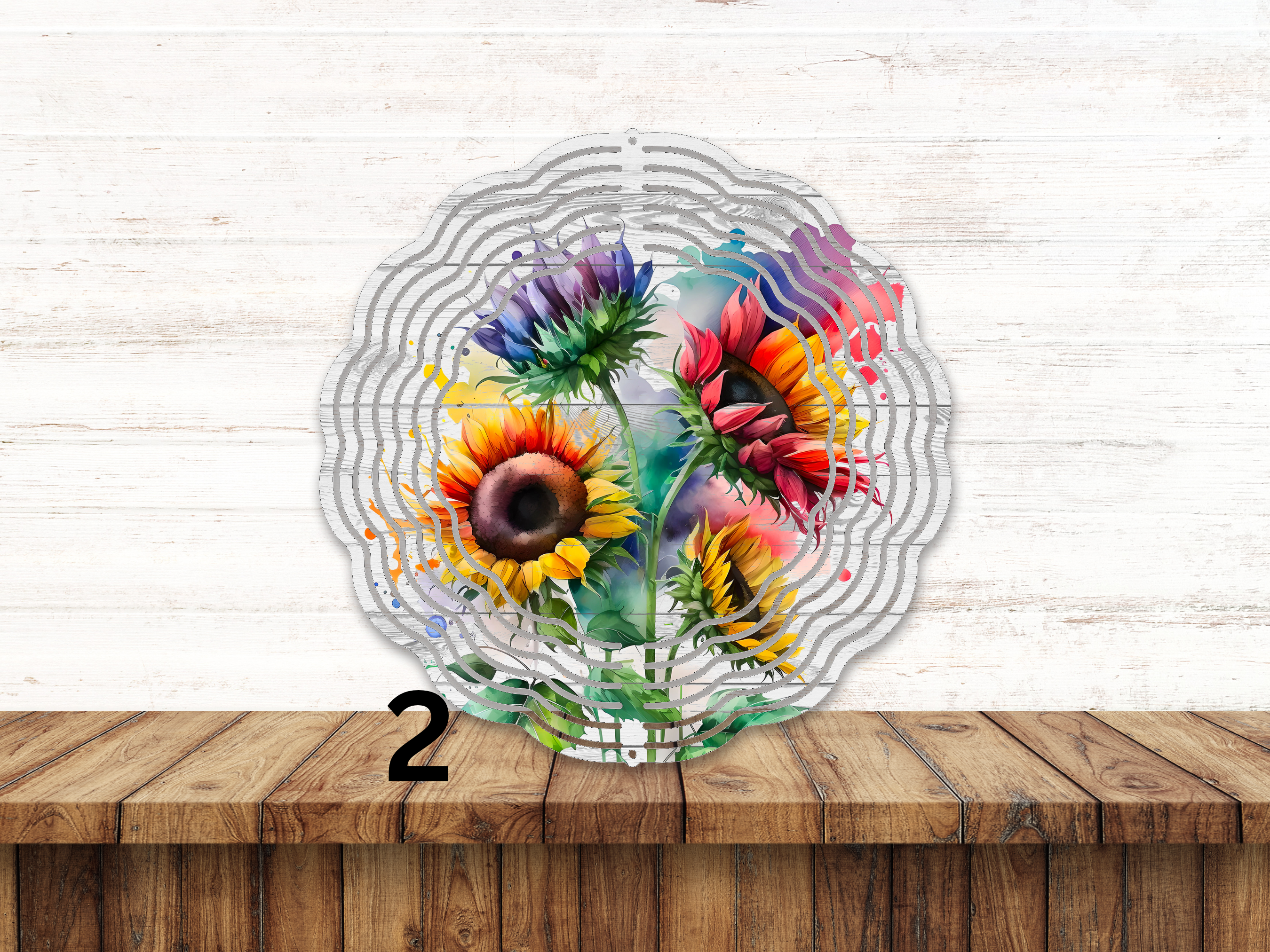 Sunflower Wind Spinner with Elegance of a Wooden Background