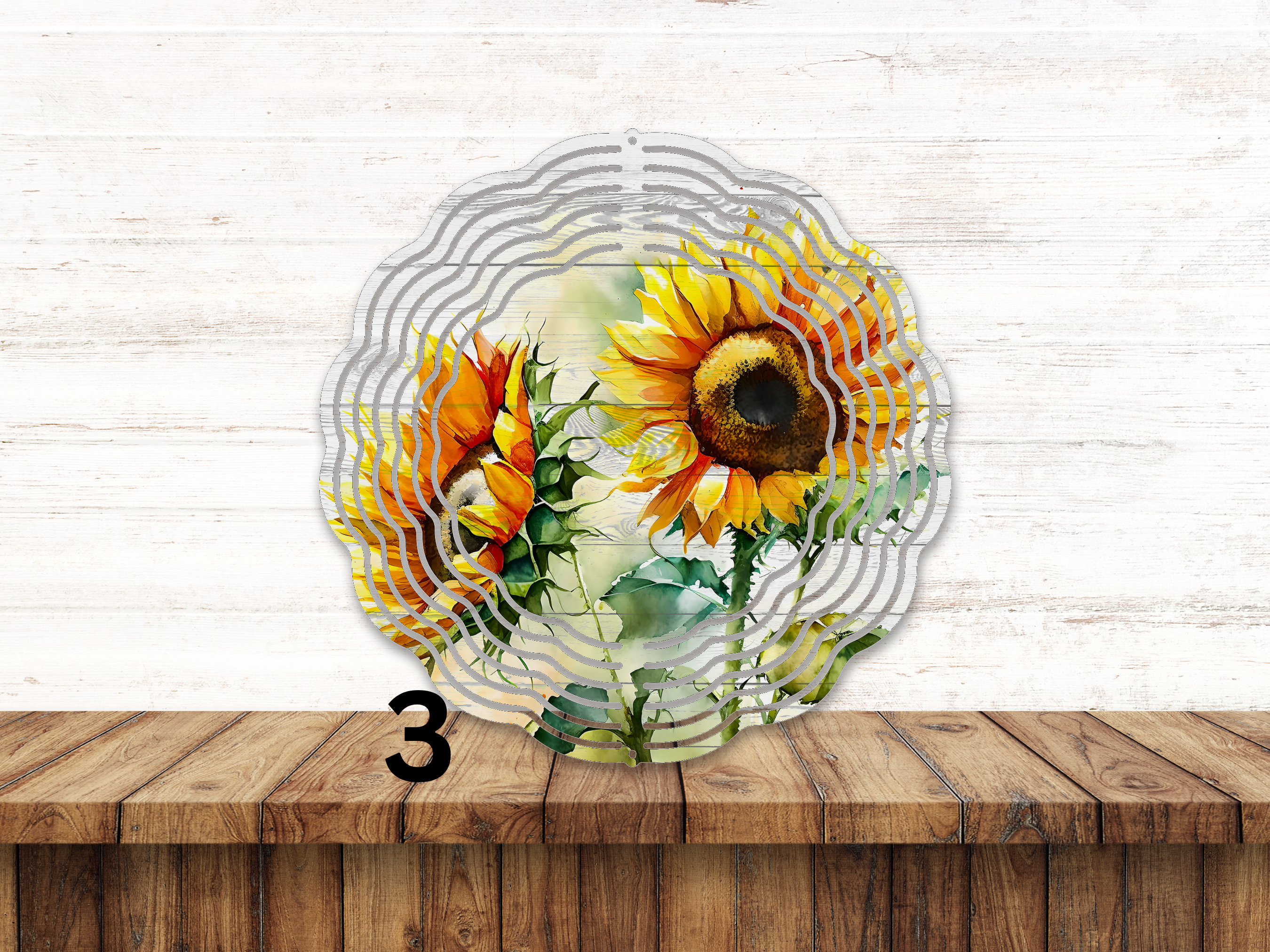 Sunflower Wind Spinner with Elegance of a Wooden Background