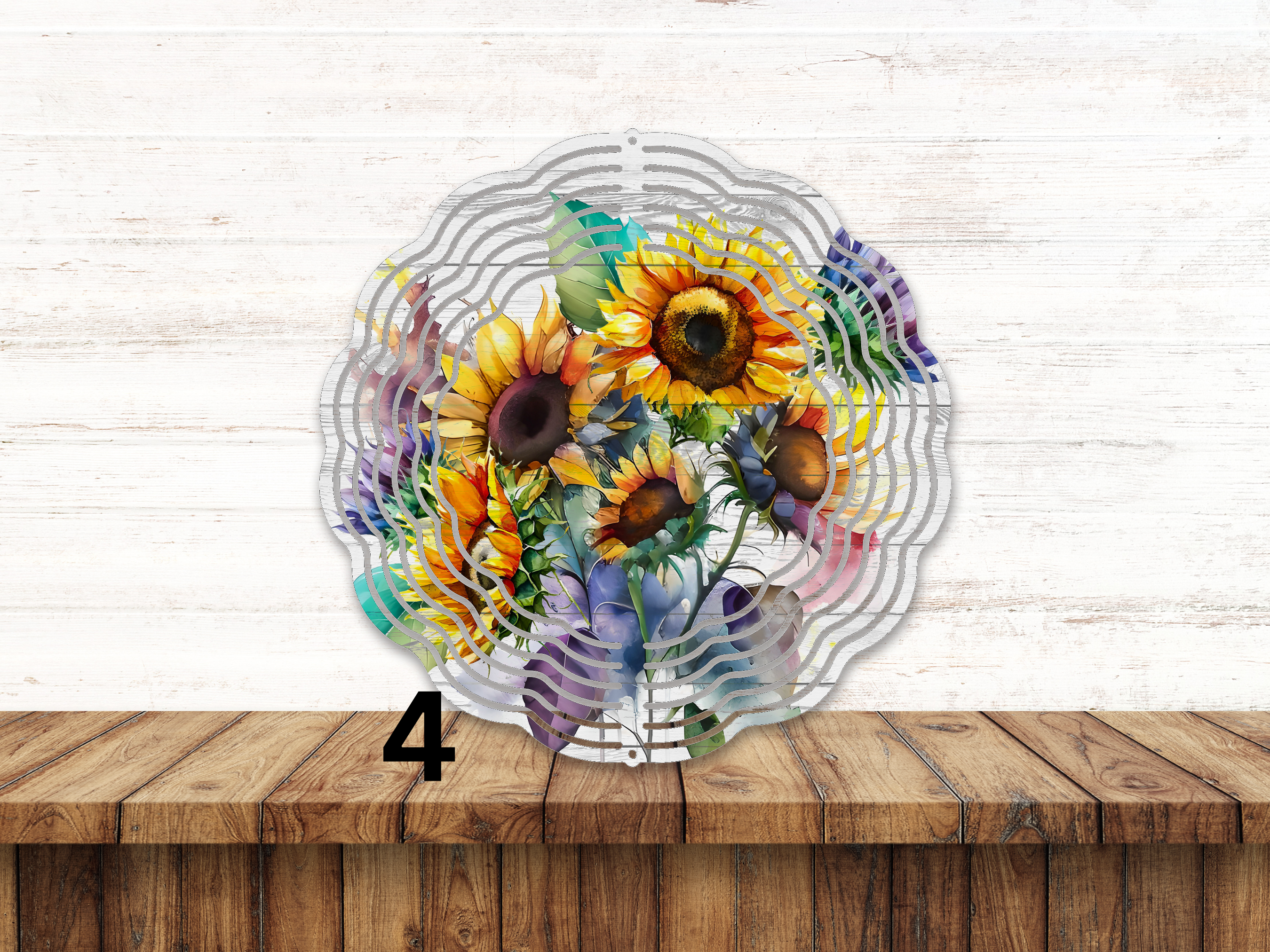 Sunflower Wind Spinner with Elegance of a Wooden Background
