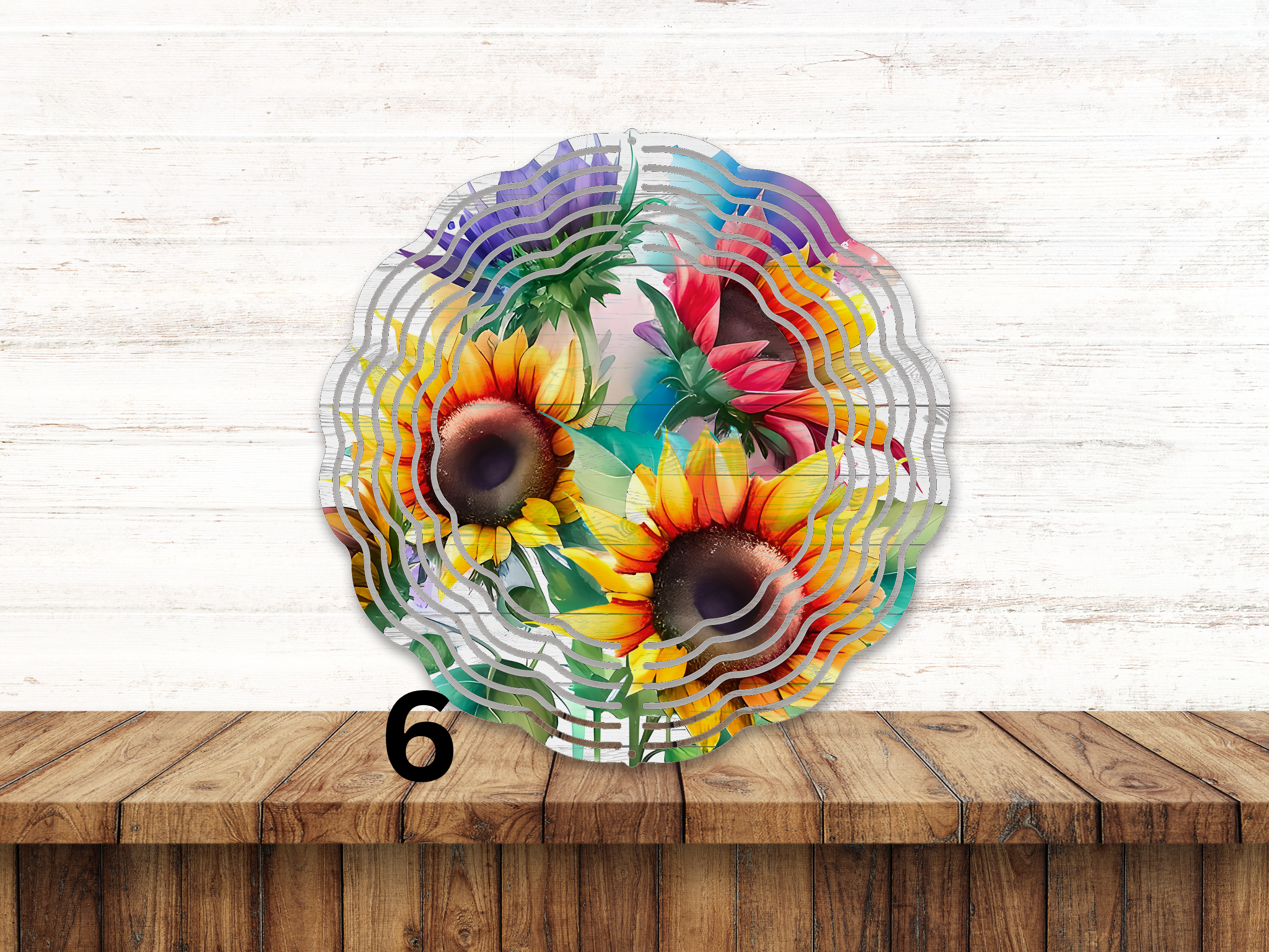 Sunflower Wind Spinner with Elegance of a Wooden Background
