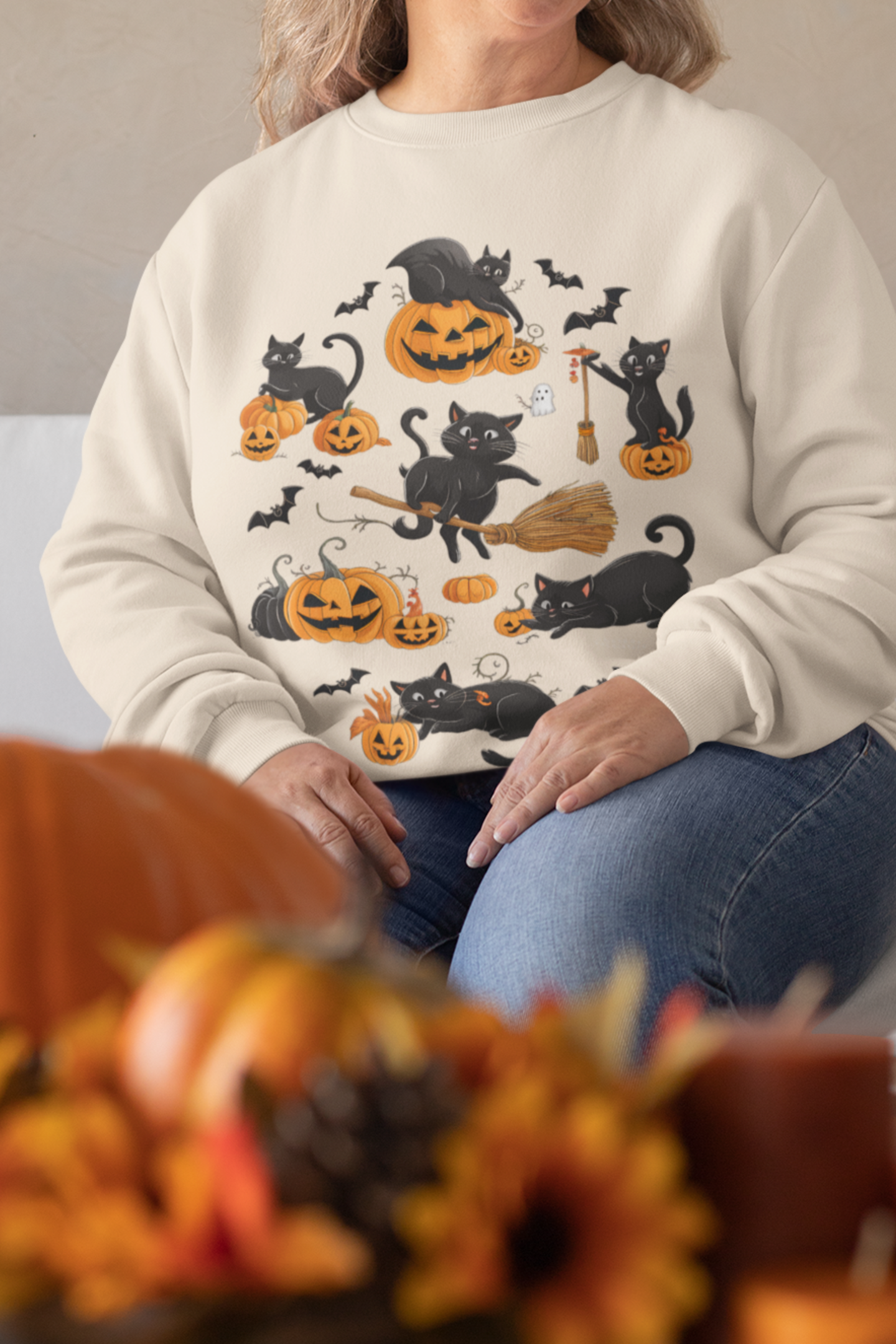 Sweatshirt-Playful Cats, Bats,Pumpkins