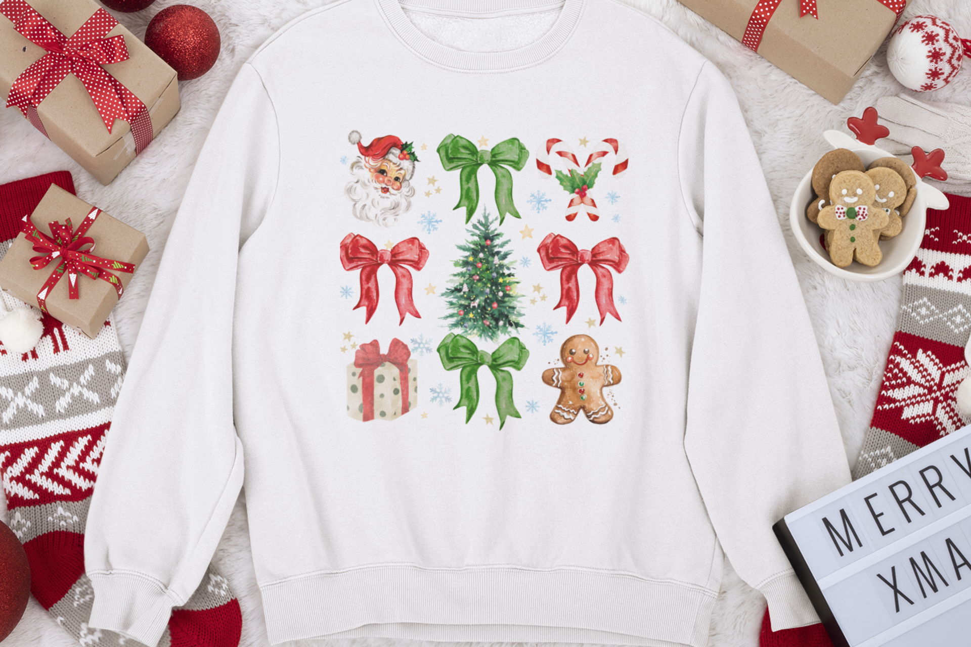 Festive Santa and bows sweatshirt
